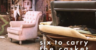 Book cover of Six to Carry the Casket and One to Say the Mass by Bill Hulseman, featuring an urban street scene with abandoned furniture, graffiti, and layered posters.